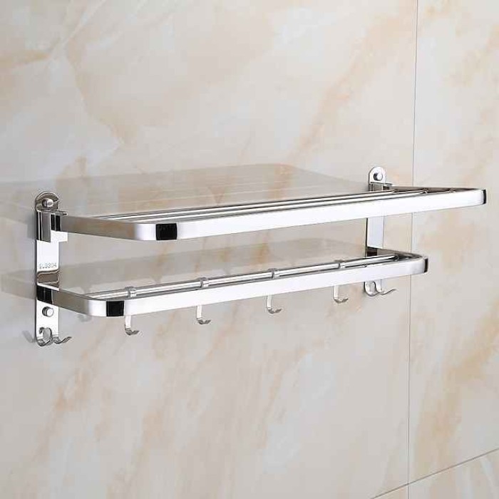 Multifunction Towel Rail Rack Holder Foldable Modern Stainless Steel Bathroom Shelf with Hooks Wall Mounted Silvery 1pc