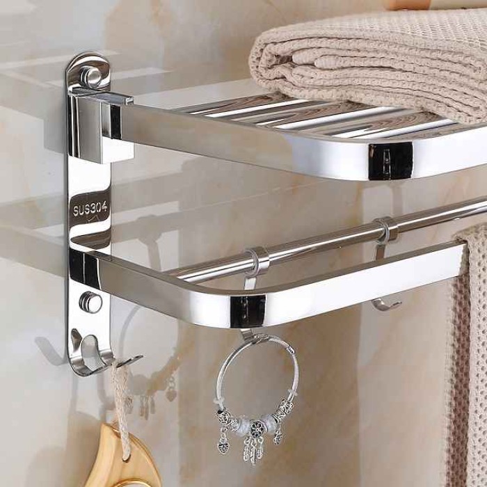 Multifunction Towel Rail Rack Holder Foldable Modern Stainless Steel Bathroom Shelf with Hooks Wall Mounted Silvery 1pc