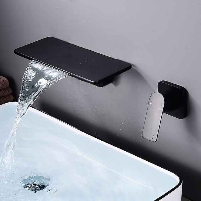 Wall Mount Bathroom Sink Mixer Faucet Brass, Waterfall Basin Taps Wall Mounted Single Handle One Hole Tap with Hot and Cold Hose Black White Electroplated