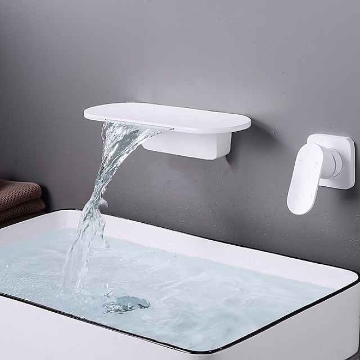 Wall Mount Bathroom Sink Mixer Faucet Brass, Waterfall Basin Taps Wall Mounted Single Handle One Hole Tap with Hot and Cold Hose Black White Electroplated