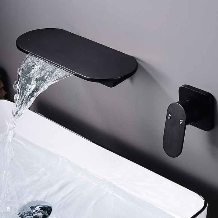 Wall Mount Bathroom Sink Mixer Faucet Brass, Waterfall Basin Taps Wall Mounted Single Handle One Hole Tap with Hot and Cold Hose Black White Electroplated