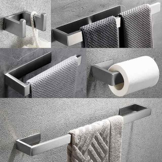 Bathroom Hardware Accessory Set Include Robe Hook, Towel Bar, Towel Holder, Toilet Paper Holder, Self-adhesive Brushed Stainless Steel Silvery