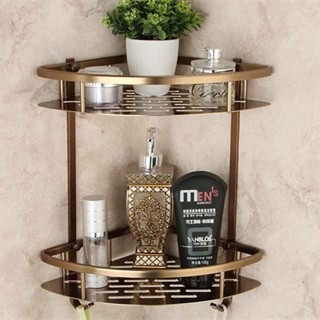 Multifunction Bathroom Corner Shelf with 2 Hooks Aluminum 2 Tiers Storage Rack for Toilet 1pc