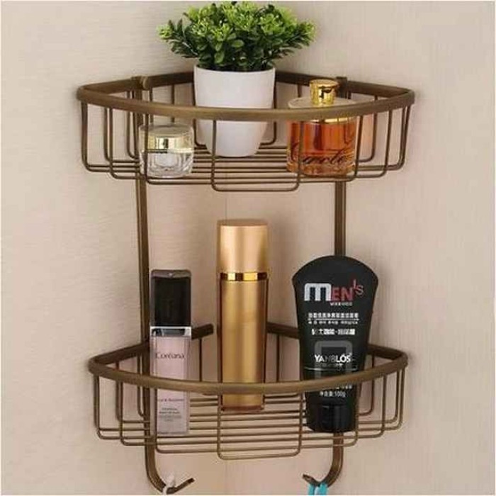 Multifunction Bathroom Corner Shelf with 2 Hooks Aluminum 2 Tiers Storage Rack for Toilet 1pc