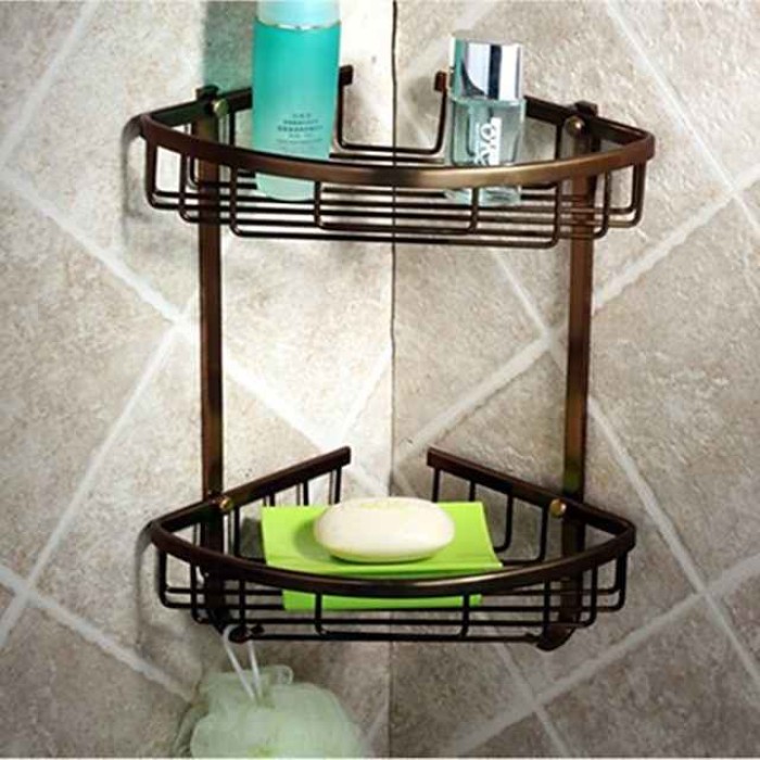 Multifunction Bathroom Corner Shelf with 2 Hooks Aluminum 2 Tiers Storage Rack for Toilet 1pc