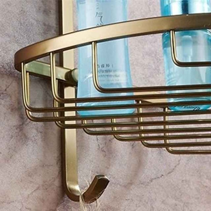 Multifunction Bathroom Corner Shelf with 2 Hooks Aluminum 2 Tiers Storage Rack for Toilet 1pc