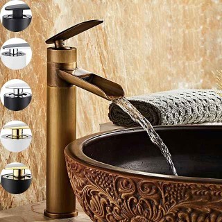 Waterfall Bathroom Sink Mixer Faucet Tall, Antique Brass Single Handle Basin Taps with Cold and Hot Hose