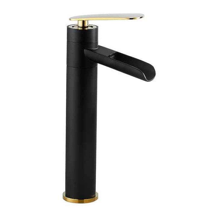 Waterfall Bathroom Sink Mixer Faucet Tall, Antique Brass Single Handle Basin Taps with Cold and Hot Hose