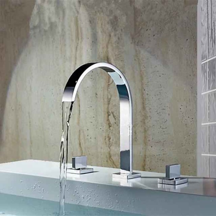 Two Handles Three Holes Bathtub Faucet - Contemporary Chrome Roman Tub Ceramic Valve Bath Shower Mixer Taps