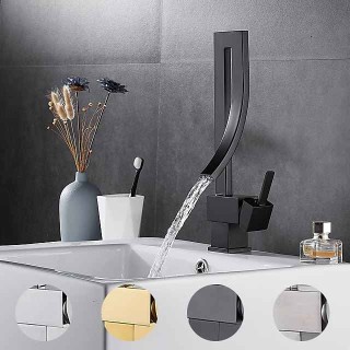 Waterfall Bathroom Sink Mixer Faucet, 360 Rotating Basin Vessel Tap Single Handle Irregular Creative Design Brushed Nickel/Chrome/Matte Black/Golden Sink Tap with Hot and Cold Water Hose