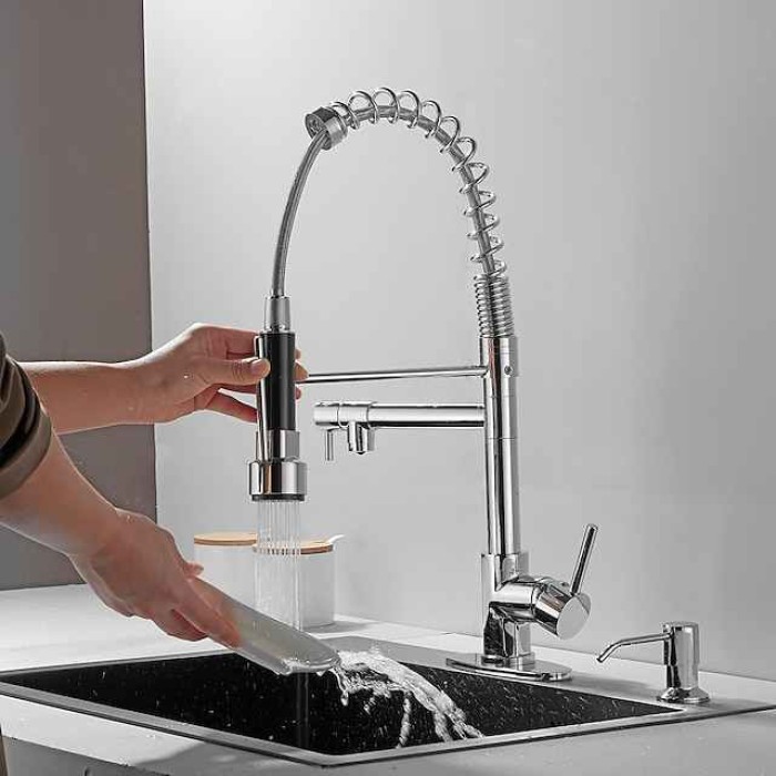 Kitchen Faucet with Pullout Spray and Soap Dispenser Sets Single Handle Two Holes Pull Out/Rotatable/Multifunction Standard Spout, Brass Tall-High Arc Deck Mounted Kitchen Faucet