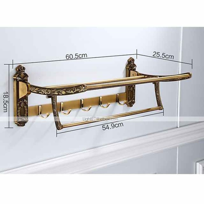 Multifunction Carved Towel Bar Antique Aluminum Bathroom Shelf with 5 Hooks Wall Mounted 1pc