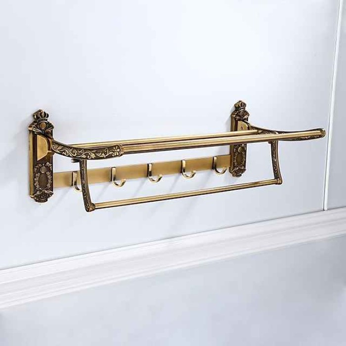 Multifunction Carved Towel Bar Antique Aluminum Bathroom Shelf with 5 Hooks Wall Mounted 1pc