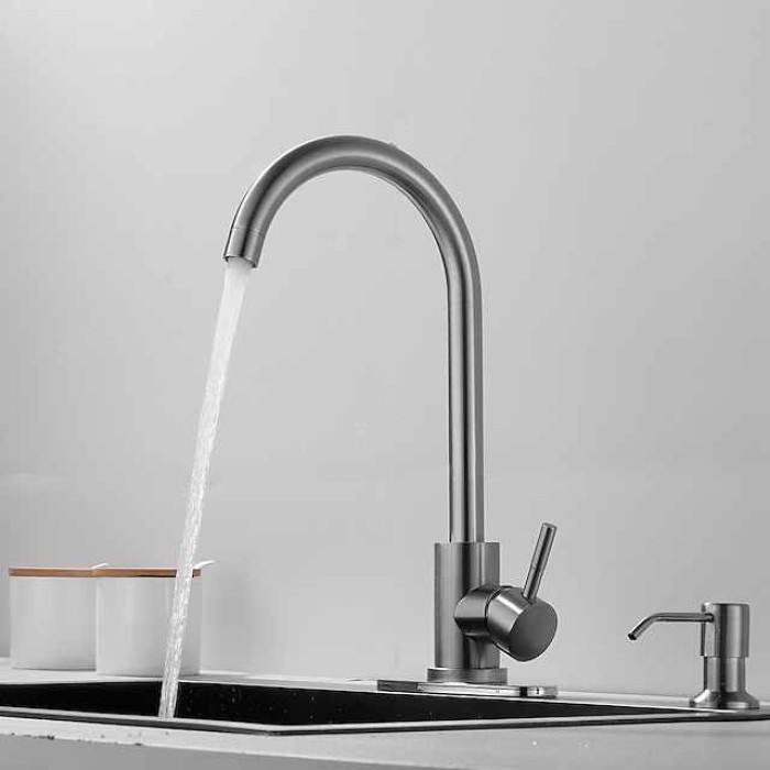 Stainless Steel Deck Mounted Kitchen Faucet, Brushed Multi-function Rotatable Kitchen Faucet with Hot and Cold Switch