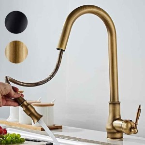 Kitchen Sink Mixer Faucet with Pull Out Spray, 360 Swivel Pull Down Vessel Taps Antique Brass/Black Deck Mounted, Antique Single Handle One Hole Kitchen Taps