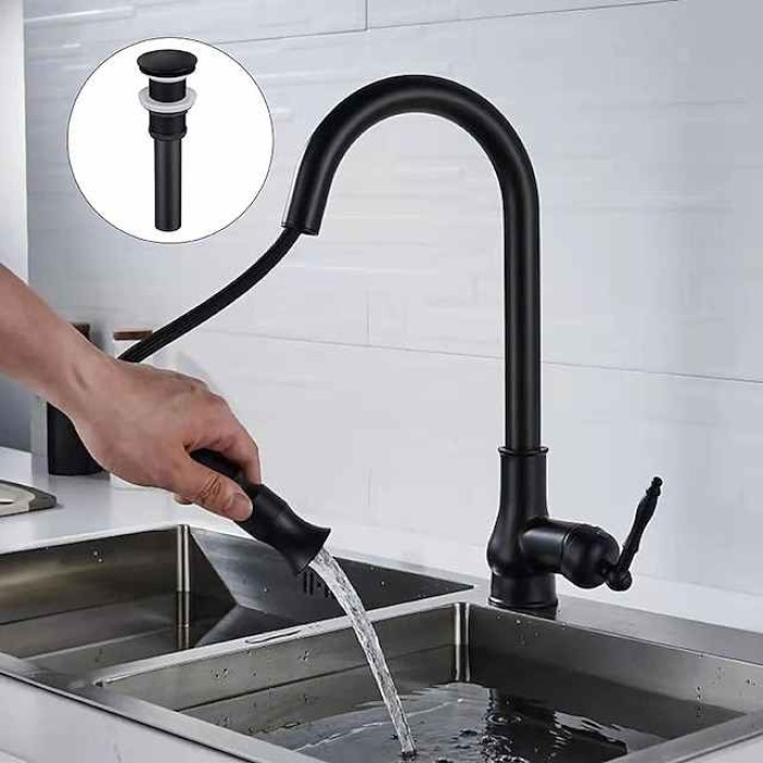 Kitchen Sink Mixer Faucet with Pull Out Spray, 360 Swivel Pull Down Vessel Taps Antique Brass/Black Deck Mounted, Antique Single Handle One Hole Kitchen Taps