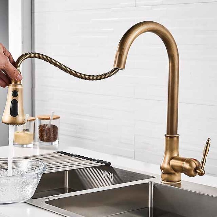 Kitchen Sink Mixer Faucet with Pull Out Spray, 360 Swivel Pull Down Vessel Taps Antique Brass/Black Deck Mounted, Antique Single Handle One Hole Kitchen Taps