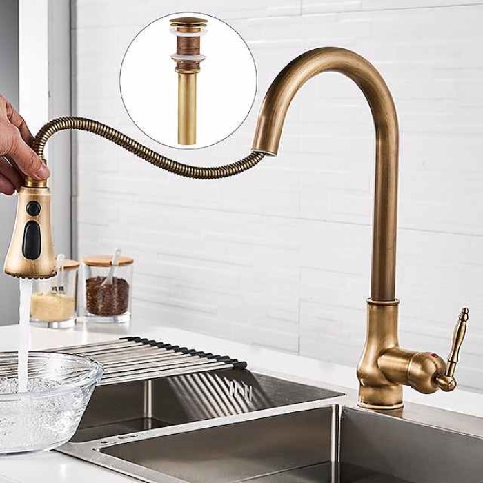 Kitchen Sink Mixer Faucet with Pull Out Spray, 360 Swivel Pull Down Vessel Taps Antique Brass/Black Deck Mounted, Antique Single Handle One Hole Kitchen Taps