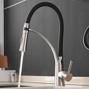 Kitchen Faucet Set, Brush Nickel Single Handle One Hole Pull Out Centerset, Brass Kitchen Faucet with Supply Lines