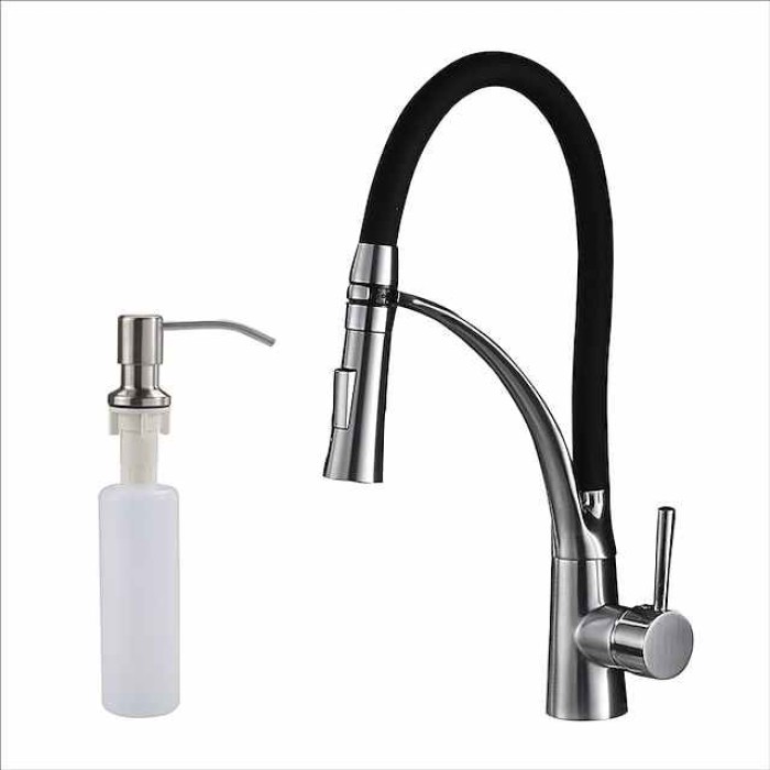 Kitchen Faucet Set, Brush Nickel Single Handle One Hole Pull Out Centerset, Brass Kitchen Faucet with Supply Lines