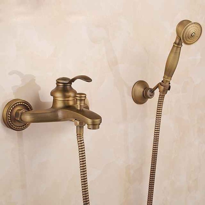 Shower Faucet Set,Mount Outside Antique Brass/Brass/Yellow Dual-Head Pullout Vintage Style, Brass Shower Faucet with Rain Shower/Handshower/Bodysprays/Drain with Hot and Cold Water