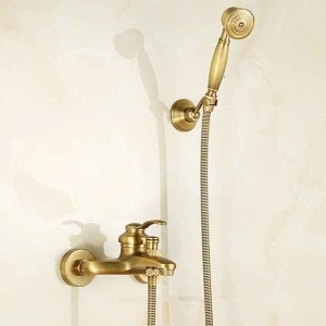 Shower Faucet Set,Mount Outside Antique Brass/Brass/Yellow Dual-Head Pullout Vintage Style, Brass Shower Faucet with Rain Shower/Handshower/Bodysprays/Drain with Hot and Cold Water