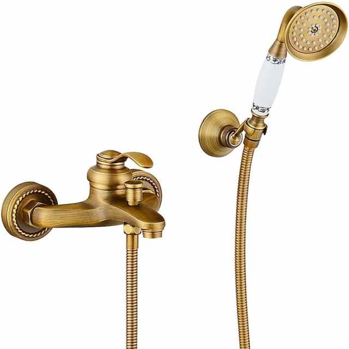 Shower Faucet Set,Mount Outside Antique Brass/Brass/Yellow Dual-Head Pullout Vintage Style, Brass Shower Faucet with Rain Shower/Handshower/Bodysprays/Drain with Hot and Cold Water