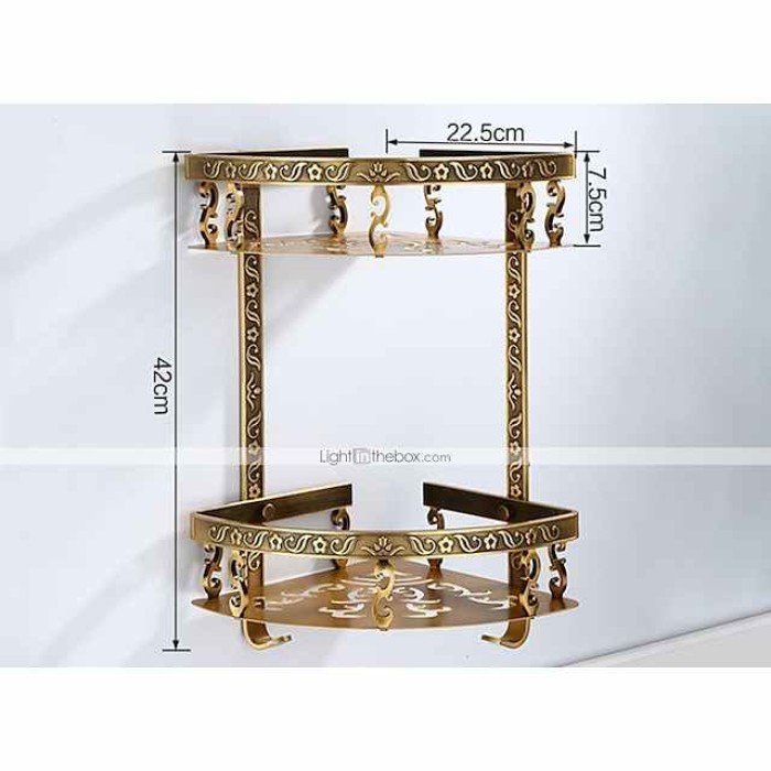 Bathroom Shelf Multilayer Carved Antique Aluminum Wall Mounted Bath Corner Basket with Hooks 1pc