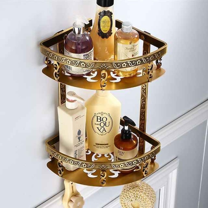 Bathroom Shelf Multilayer Carved Antique Aluminum Wall Mounted Bath Corner Basket with Hooks 1pc