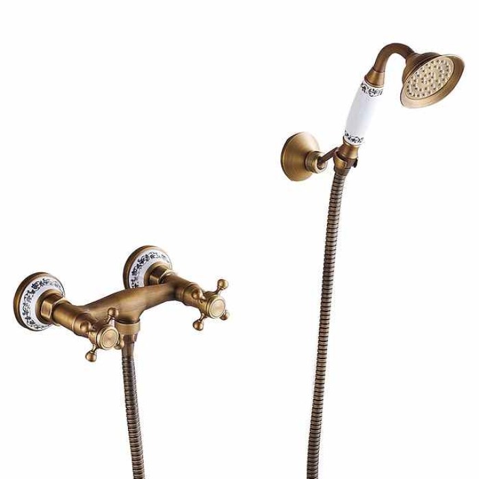 Shower Faucet Set - Handshower Included pullout Vintage Style / Country Antique Brass Mount Outside Ceramic Valve Bath Shower Mixer Taps / Two Handles One Hole