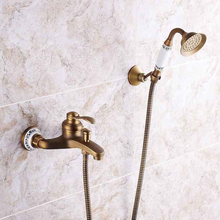 Shower Faucet / Rainfall Shower Head System Set - Handshower Included pullout Vintage Style / Country Antique Brass / Electroplated Mount Outside Ceramic Valve Bath Shower Mixer Taps / Single Handle