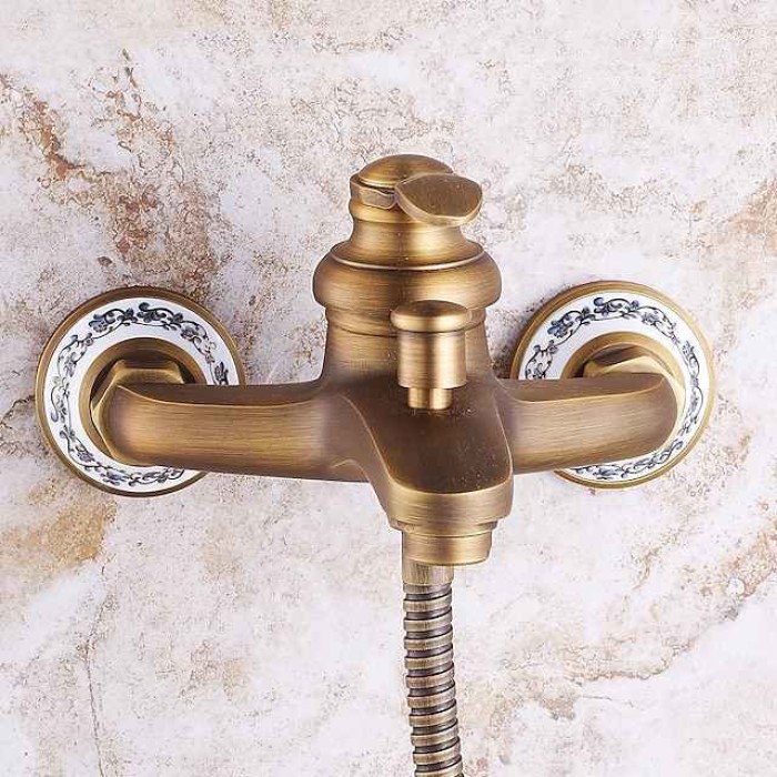 Shower Faucet / Rainfall Shower Head System Set - Handshower Included pullout Vintage Style / Country Antique Brass / Electroplated Mount Outside Ceramic Valve Bath Shower Mixer Taps / Single Handle