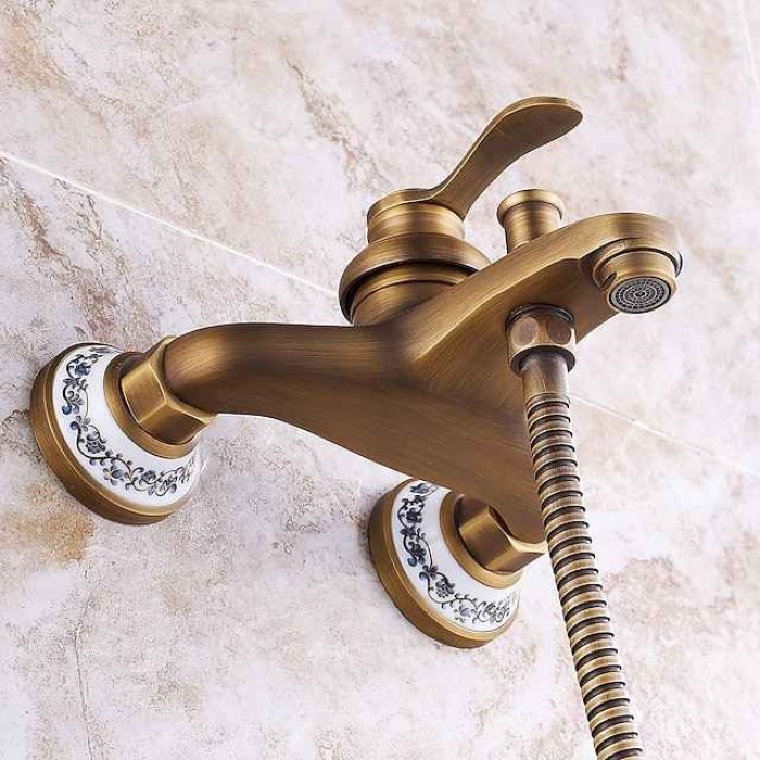 Shower Faucet / Rainfall Shower Head System Set - Handshower Included pullout Vintage Style / Country Antique Brass / Electroplated Mount Outside Ceramic Valve Bath Shower Mixer Taps / Single Handle