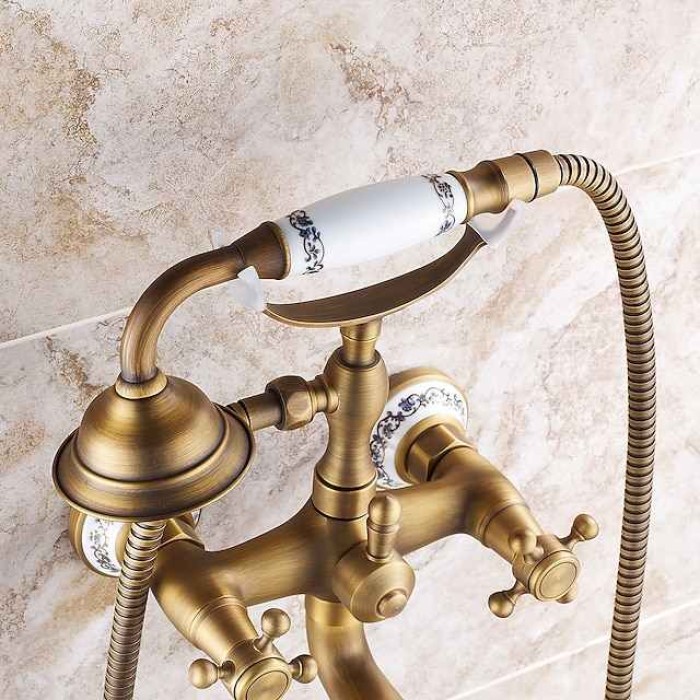 Bathroom Sink Faucet,Brass Telephone Shape Wall Installation Widespread Pull-out Country Style Electroplated Copper Finish Two Handles Bathtub Faucet with Handshower and Drain