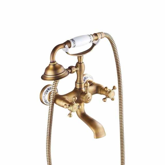 Bathroom Sink Faucet,Brass Telephone Shape Wall Installation Widespread Pull-out Country Style Electroplated Copper Finish Two Handles Bathtub Faucet with Handshower and Drain