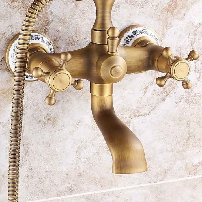 Bathroom Sink Faucet,Brass Telephone Shape Wall Installation Widespread Pull-out Country Style Electroplated Copper Finish Two Handles Bathtub Faucet with Handshower and Drain