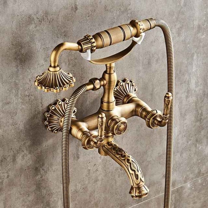 Shower Faucet Set - Handshower Included pullout Vintage Style / Country Antique Brass Mount Outside Ceramic Valve Bath Shower Mixer Taps