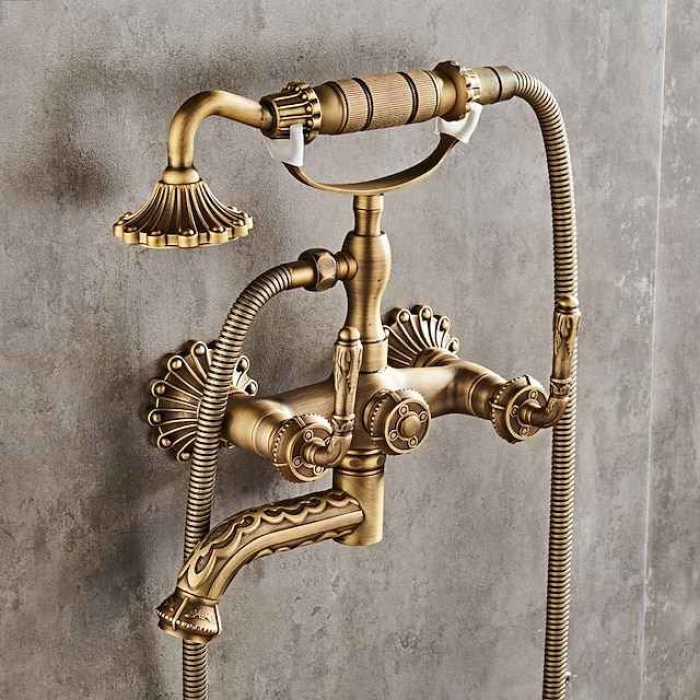 Shower Faucet Set - Handshower Included pullout Vintage Style / Country Antique Brass Mount Outside Ceramic Valve Bath Shower Mixer Taps