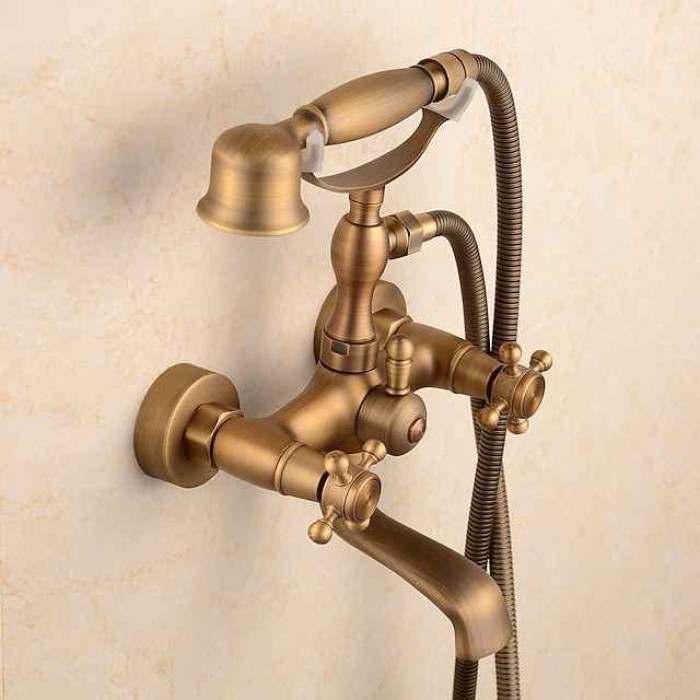 Shower Faucet Set Brass with Bathtub Spout Shower System, 2 Knob Handle Telephone Style Heldhand Showerhand 1.5m Hose Wall Mounted Tap