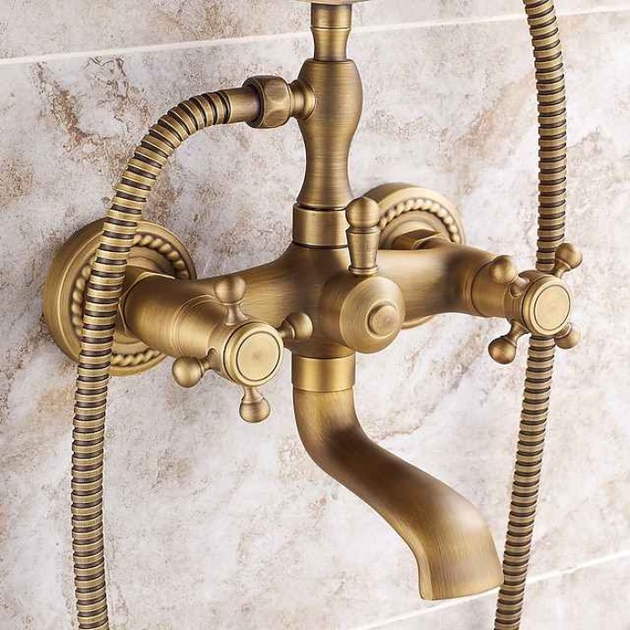 Shower Faucet Set Brass with Bathtub Spout Shower System, 2 Knob Handle Telephone Style Heldhand Showerhand 1.5m Hose Wall Mounted Tap