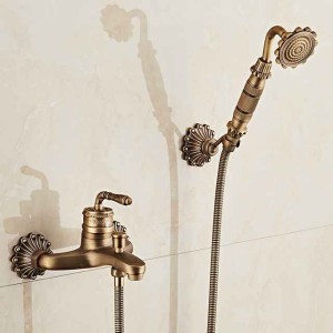 Bathtub Faucet - Retro Antique Brass Wall Installation Ceramic Valve Bath Shower Mixer Taps / Country / Single Handle / Yes / Rain Shower / Handshower Included