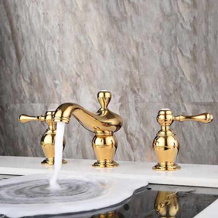 Widespread Bathroom Sink Mixer Faucet, 3 Hole 2 Handle Gold Brass Basin Taps Washroom Vessel Water Tap, Hot and Cold Hose Deck Mounted