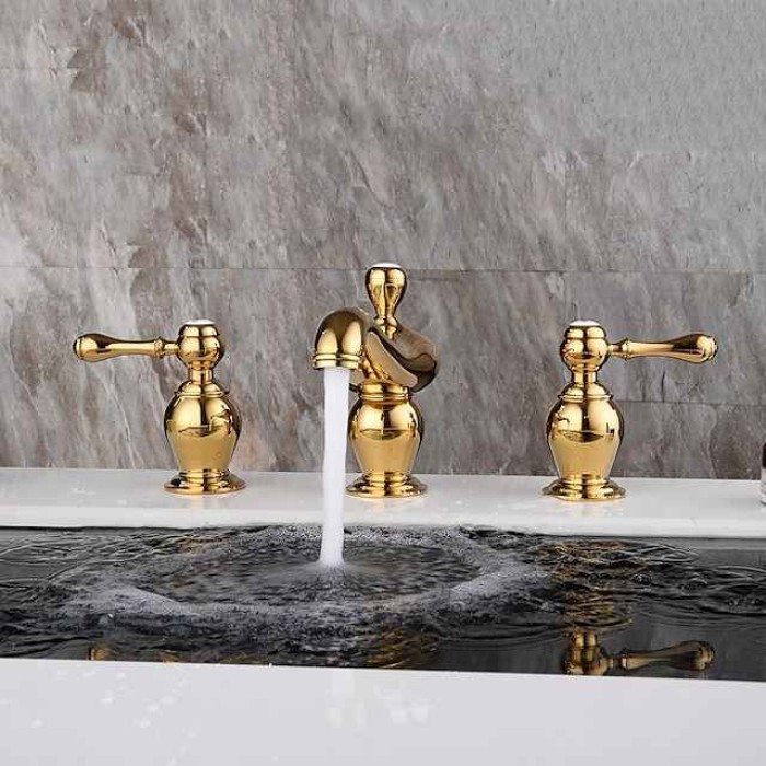 Widespread Bathroom Sink Mixer Faucet, 3 Hole 2 Handle Gold Brass Basin Taps Washroom Vessel Water Tap, Hot and Cold Hose Deck Mounted