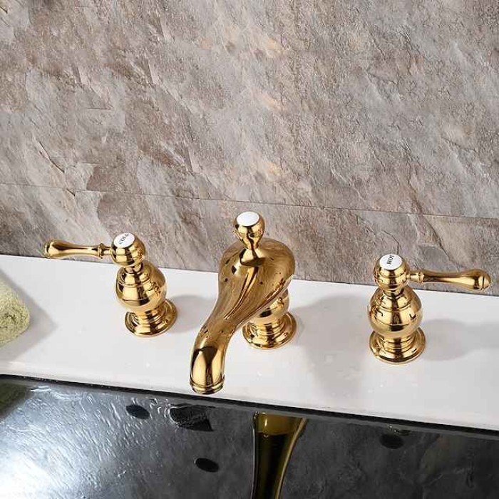 Widespread Bathroom Sink Mixer Faucet, 3 Hole 2 Handle Gold Brass Basin Taps Washroom Vessel Water Tap, Hot and Cold Hose Deck Mounted