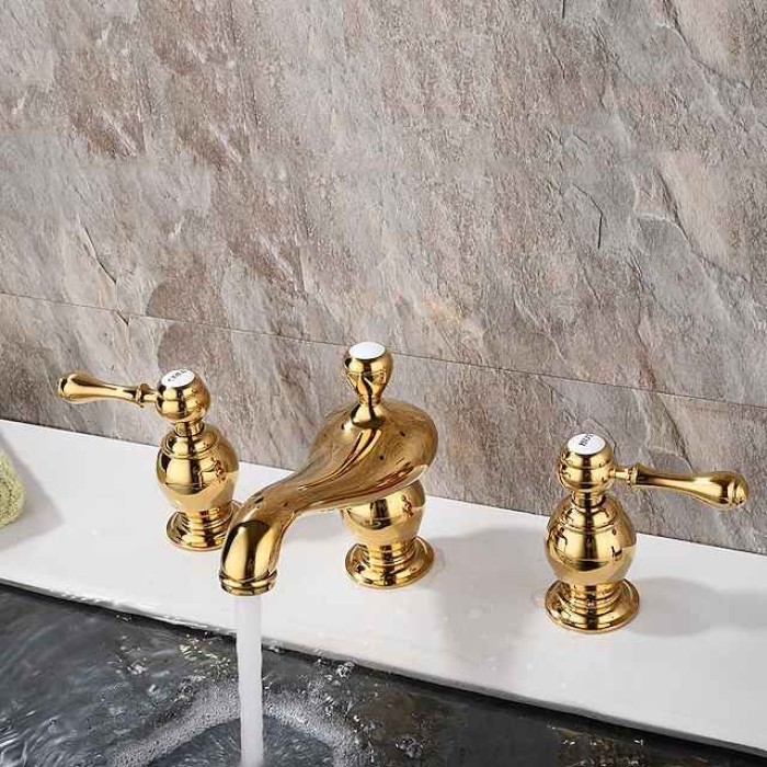 Widespread Bathroom Sink Mixer Faucet, 3 Hole 2 Handle Gold Brass Basin Taps Washroom Vessel Water Tap, Hot and Cold Hose Deck Mounted