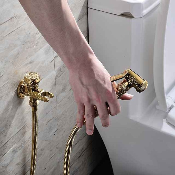 Bidet Faucet Handheld Bidet Sprayer, Antique Golden Luxury Diaper Water Shattaf Toilet Spray Set, Bathroom Baby Cloth Diaper Cleaning Sprayer Middle East