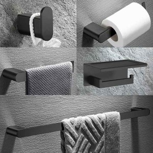 Bathroom Accessory Stainless Steel Include Robe Hook, Towel Bar, Towel Holder, Toilet Paper Holder with Shelf for Phone and Wash Supplies, Matte Black Bathroom