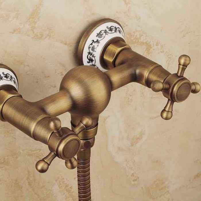 Shower Faucet Set - Handshower Included pullout Waterfall Vintage Style / Country Antique Brass Mount Outside Ceramic Valve Bath Shower Mixer Taps