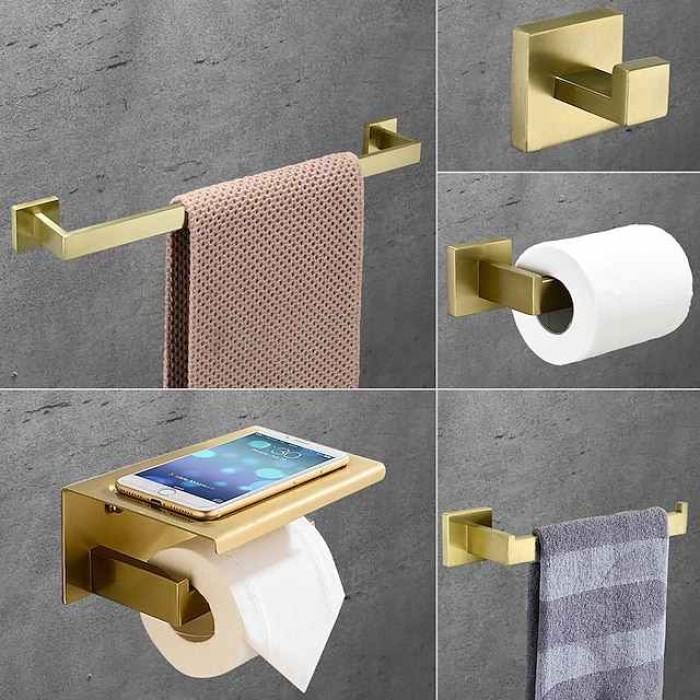 Bathroom Accessory Set Stainless Steel Include Single Towel Bar Toilet Paper Holder Robe Hook and Towel Shelf Wall Mounted Golden 1 or 3 or 4 pcs