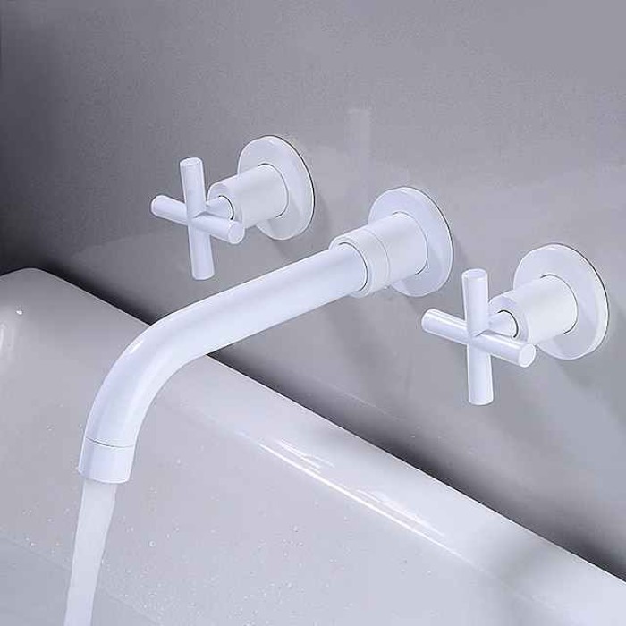 Wall Mounted Bathroom Sink Mixer Faucet, Widespread Washroom Basin Taps Wall Mount Brass 2 Handles 3 Holes Wash Baxin Tap with Cold Hot Water Hose Retro Antique Vintage